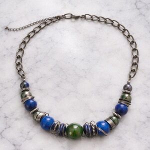 Blue & Green Beaded Statement Necklace with Antique-Style Chain